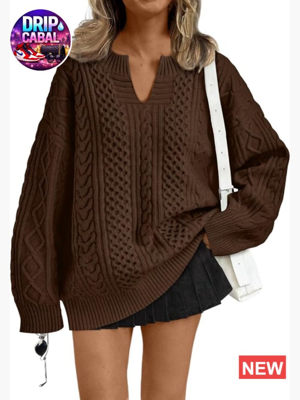 Oversized Cable Knit V-Neck Pullover Sweater for Women